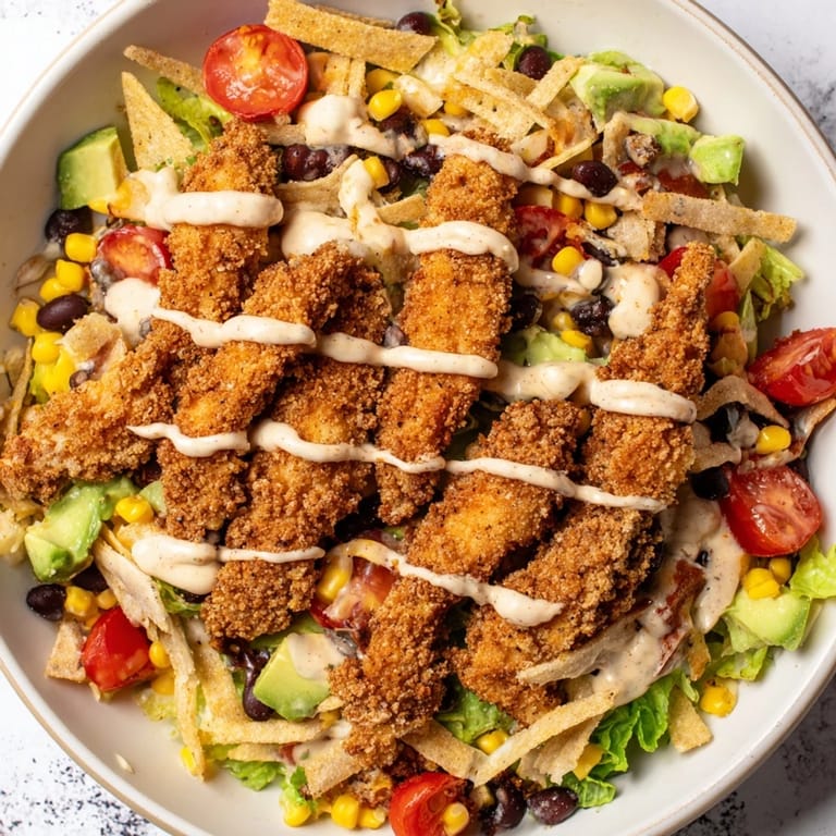 Serving suggestion for Crispy Chicken Taco Salad: loaded with cheddar cheese, cherry tomatoes, and red onion for a Tex-Mex crunch.