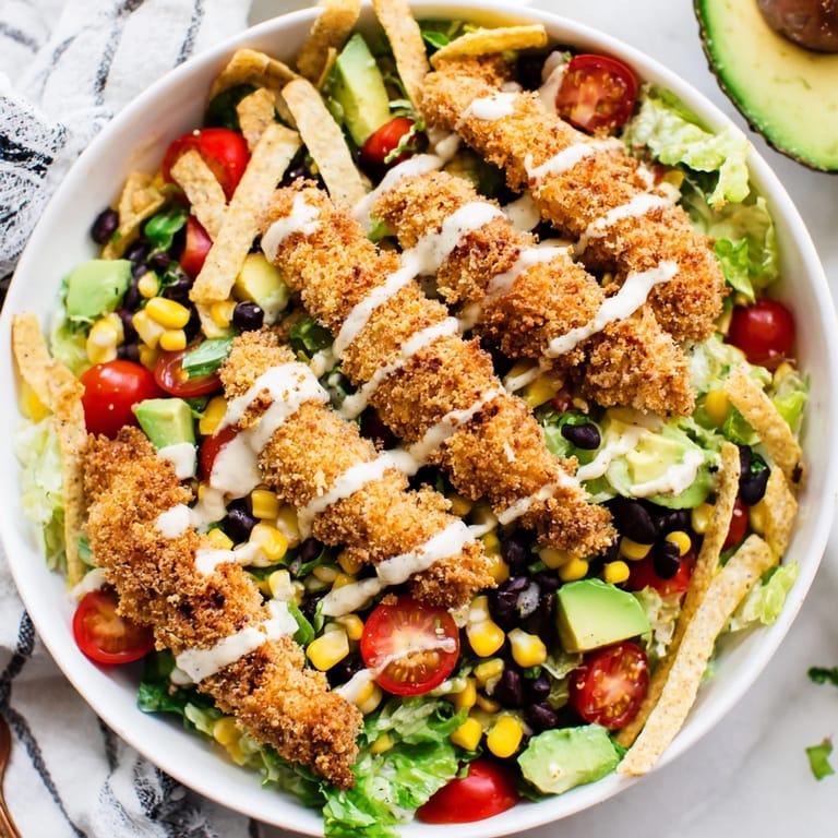 A vibrant Crispy Chicken Taco Salad with crunchy tortilla strips and creamy salsa ranch dressing drizzled over colorful vegetables.  