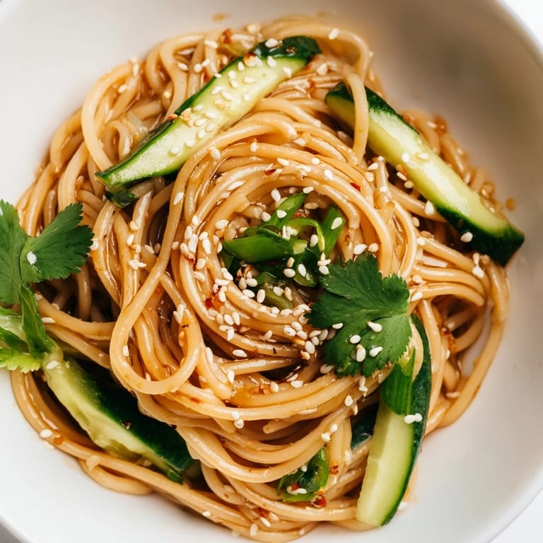 Spicy Sesame Noodle Salad served in a white bowl, garnished with toasted sesame seeds, spring onions, and chopped peanuts for crunch.