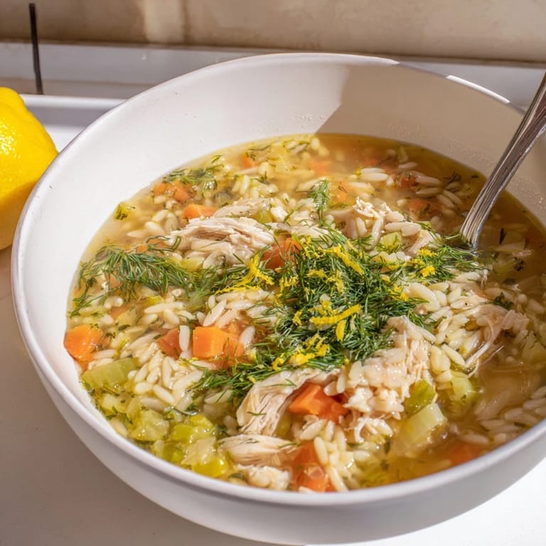 Comforting Mediterranean-inspired Chicken Lemon Orzo Soup with vegetables and orzo, ready to serve for an easy family dinner.