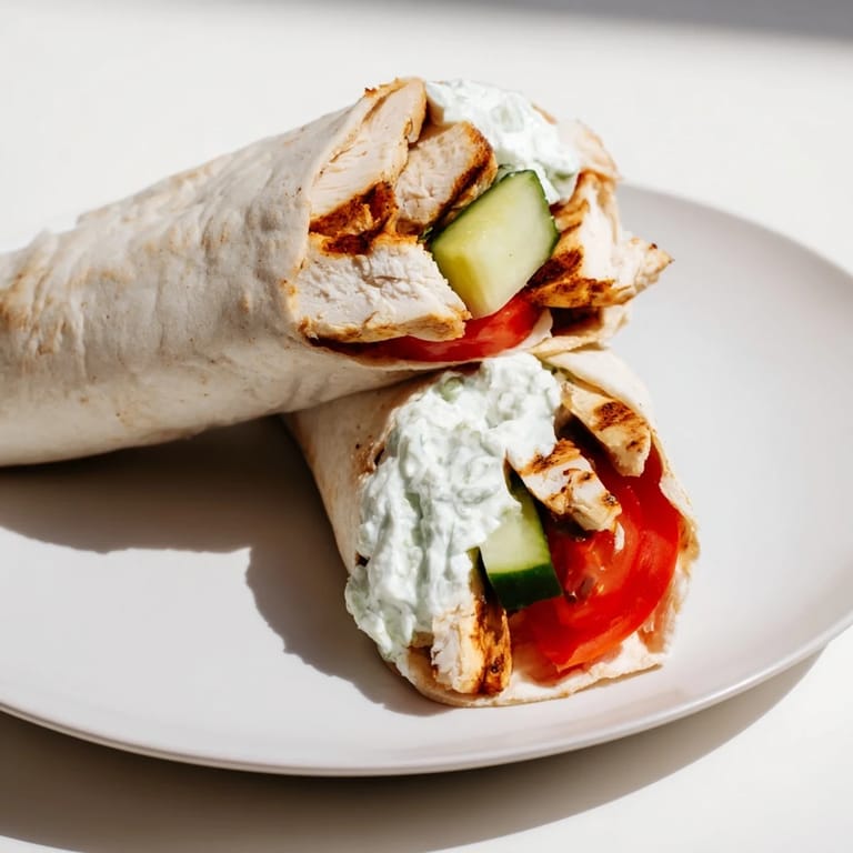 Warm Mediterranean-style Greek Chicken Wrap bursting with tender grilled meat, fresh veggies, and tangy yogurt sauce.