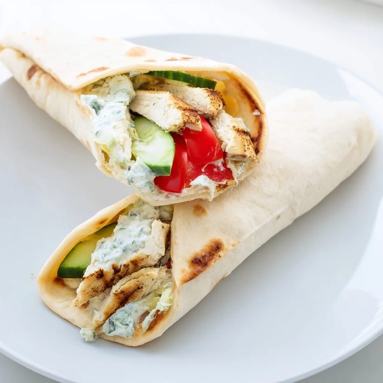 Freshly assembled Greek Chicken Wrap with charred chicken, diced tomatoes, cucumber slices, and drizzled tzatziki sauce.  