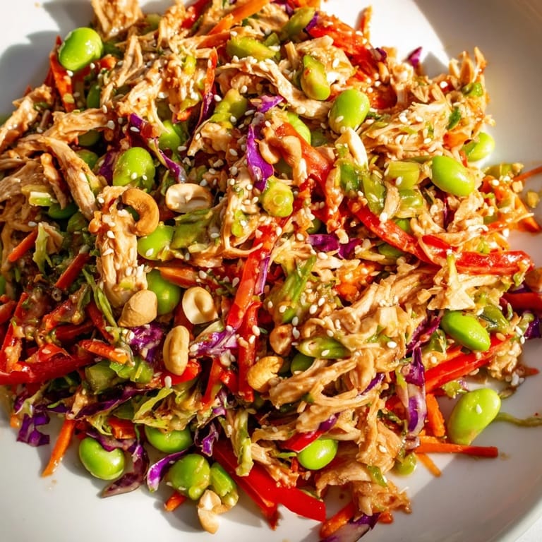 Tasty Edamame Crunch Chicken Salad with fresh greens, edamame, and ginger-lime dressing, perfect for a light and refreshing lunch.
