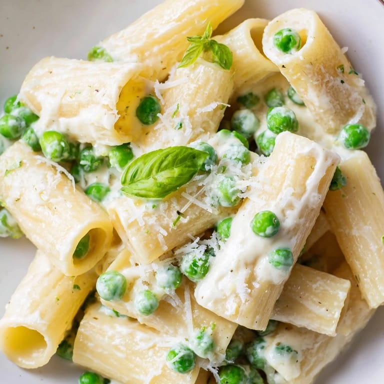 Spring Pea & Lemon Ricotta Pasta tossed with al dente rigatoni and vibrant green peas.