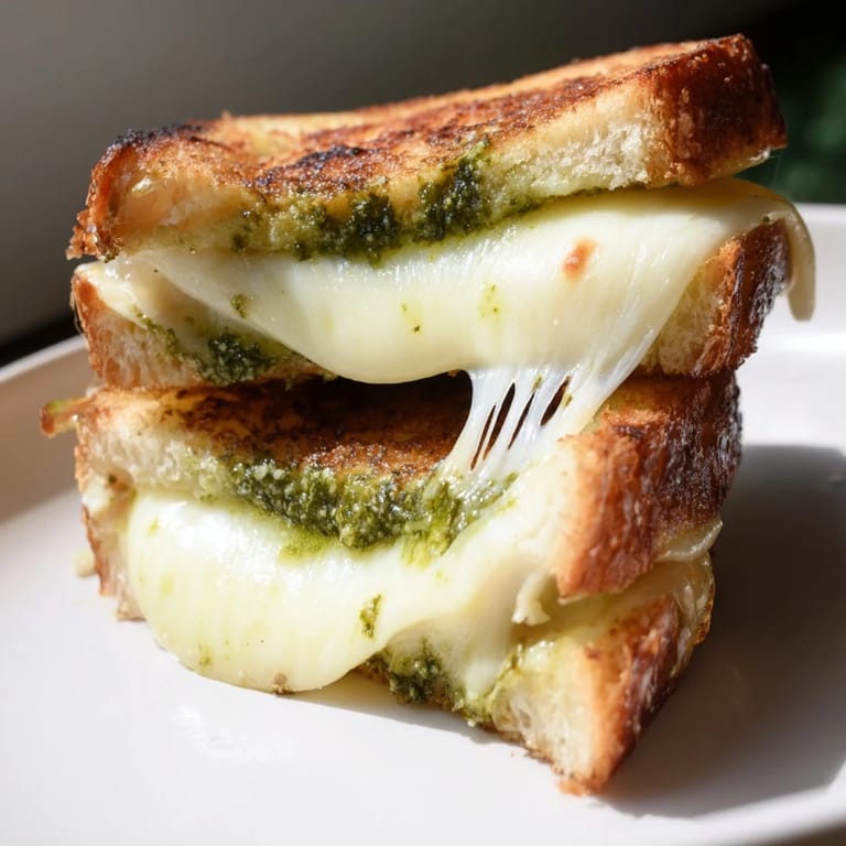 Thick sourdough slices stuffed with melty mozzarella, fontina, and cheddar, enhanced by vibrant basil pesto and grilled crisp.  