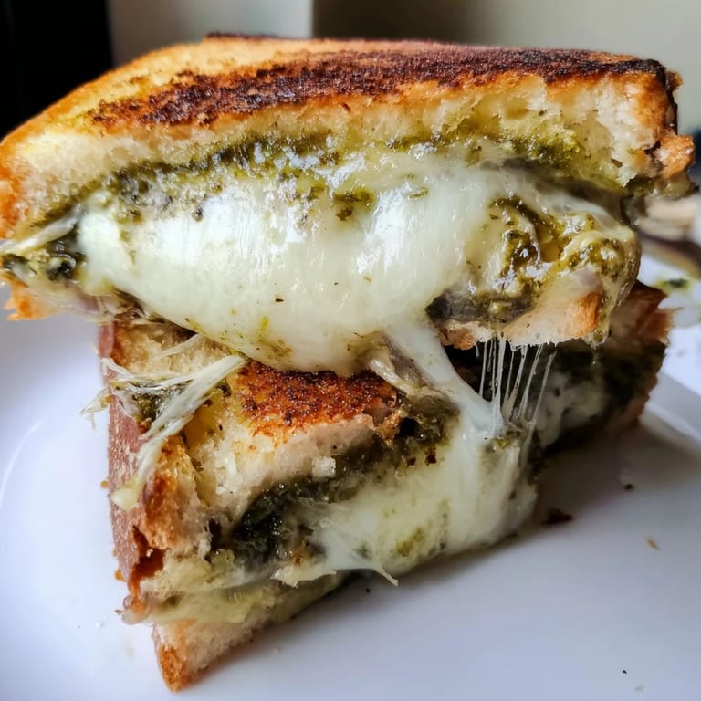 A vegetarian sourdough pesto grilled cheese, perfectly grilled with three-cheese blend, served warm with tomato soup on the side.