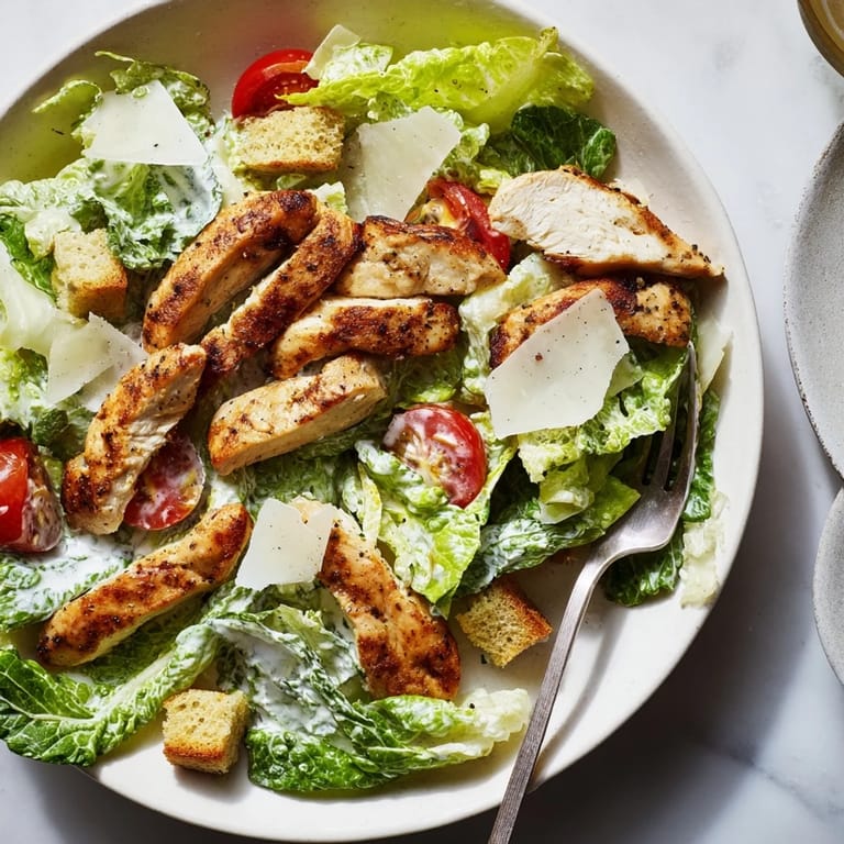 Romaine lettuce and tomatoes are tossed in a creamy yogurt Caesar dressing, topped with croutons.