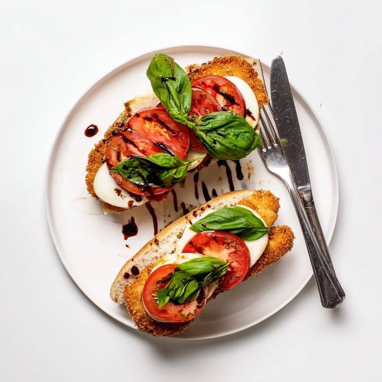 Homemade Crispy Chicken Caprese Sandwich stacked high with breaded chicken cutlets, fresh mozzarella, ripe tomatoes, and basil on a rustic wooden table.