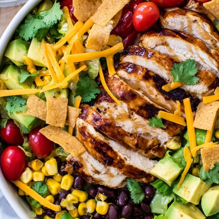 A vibrant bowl of Honey Lime Chicken Taco Salad features juicy grilled chicken, diced avocado, and crunchy tortilla strips for a refreshing Mexican-American meal.  
