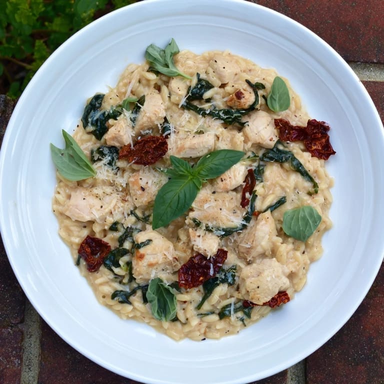 Hearty Tuscan Chicken Orzo served in a white bowl with extra Parmesan and a glass of crisp white wine beside it.