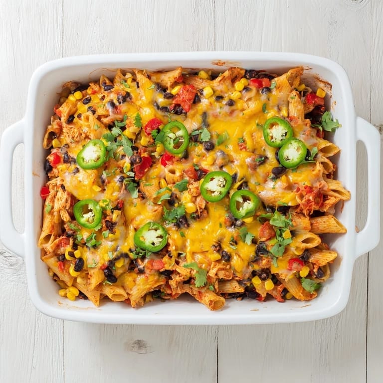 Golden-brown baked Chicken Burrito Pasta Bake served in a white dish, featuring gooey cheese, black beans, and corn kernels.