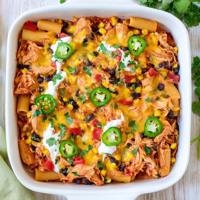 Steam rises from a hearty Chicken Burrito Pasta Bake, revealing tender chicken, penne pasta, and vibrant red bell peppers.