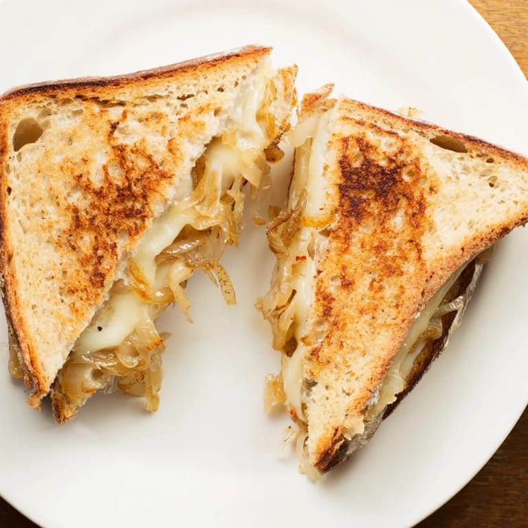 A gourmet Caramelized Onion & Gruyère Grilled Cheese on rustic country bread, served beside a fresh green salad.