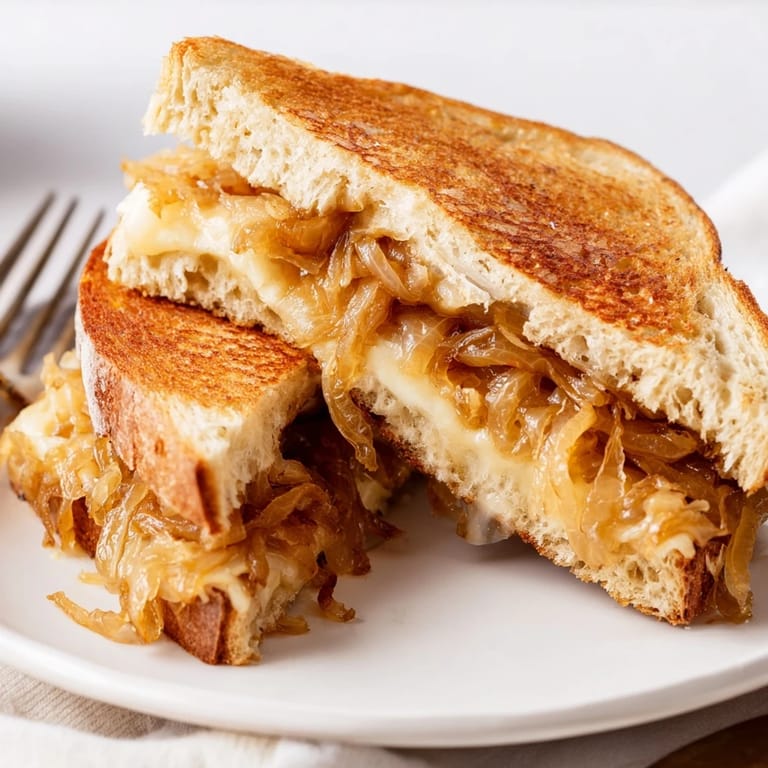 Golden-brown Caramelized Onion & Gruyère Grilled Cheese slices showing layers of sweet onions and rich, melted cheese.