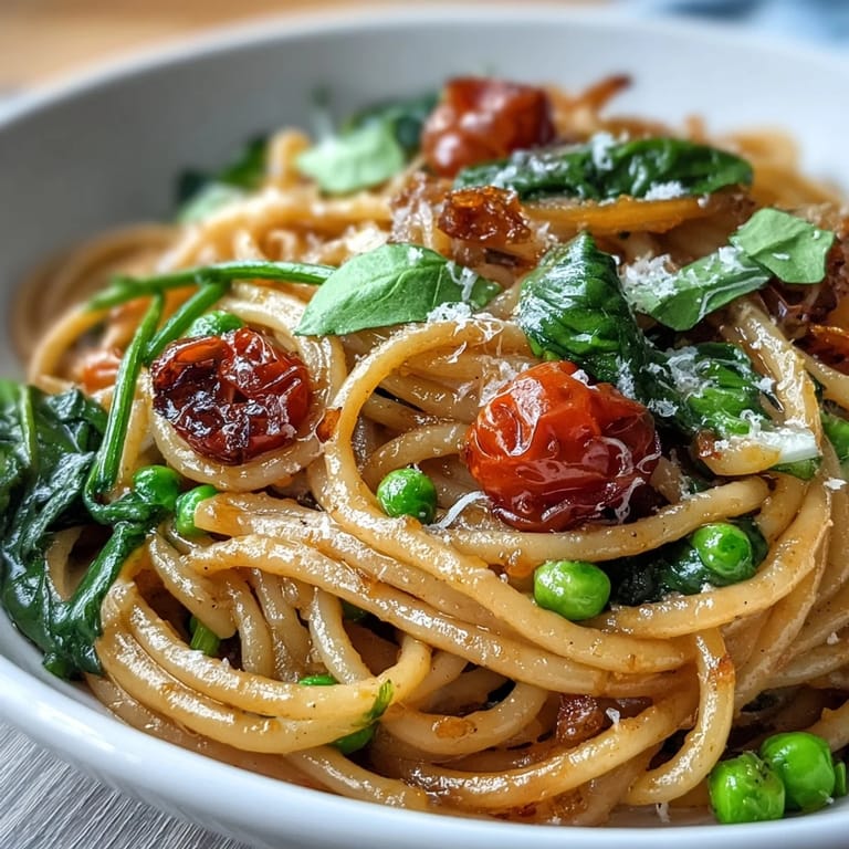 Close-up of Spring Veggie One-Pot Spaghetti with a lemon zest garnish, showcasing tender vegetables and a light, savory broth in a large pot.