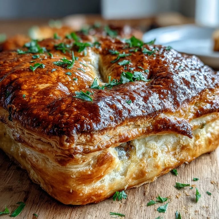 Freshly baked Chicken and Leek Pie with a flaky, golden crust, served hot from the oven on a rustic wooden kitchen table.
