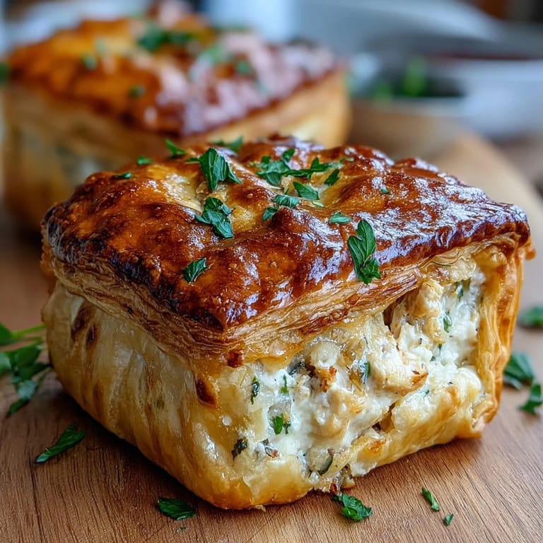 A close-up of Chicken and Leek Pie reveals a rich, creamy filling of chicken, leeks, and bacon beneath a bubbly, golden pastry top.