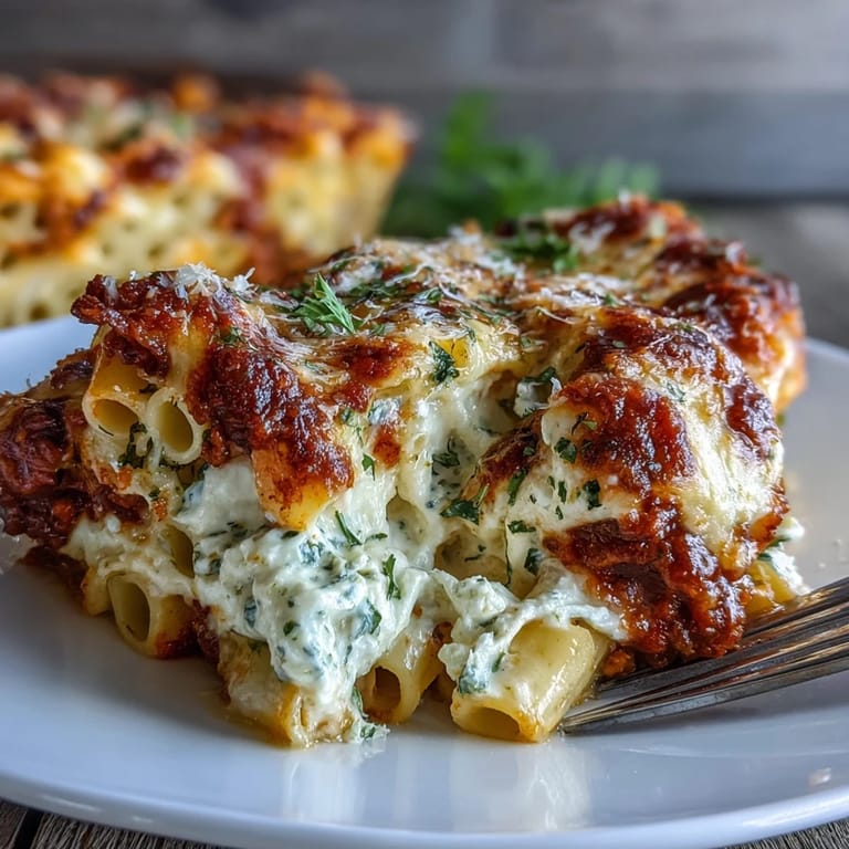 A slice of freezer make-ahead baked ziti served on a white plate, revealing layers of creamy ricotta and hearty pasta.