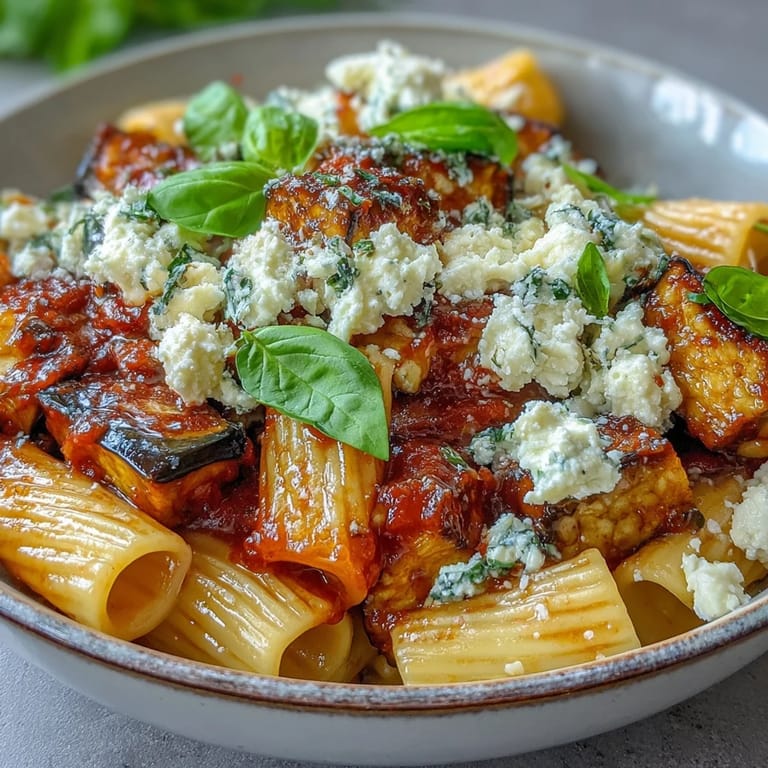 Pasta alla norma served in a white bowl with rigatoni, basil, and a glass of crisp white wine.
