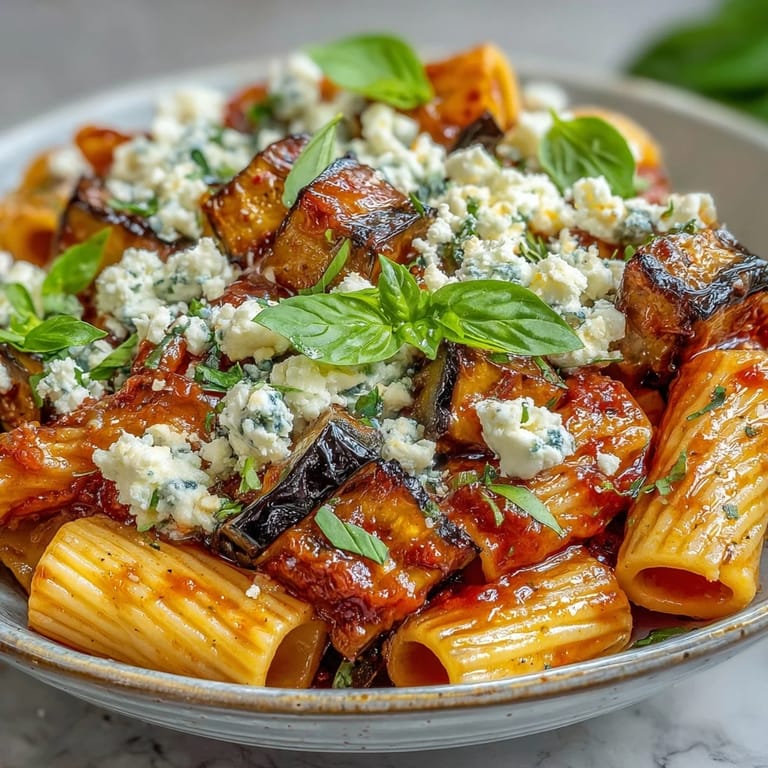 Steamy skillet of pasta alla norma, golden eggplant cubes coated in vibrant tomato sauce and fresh basil.