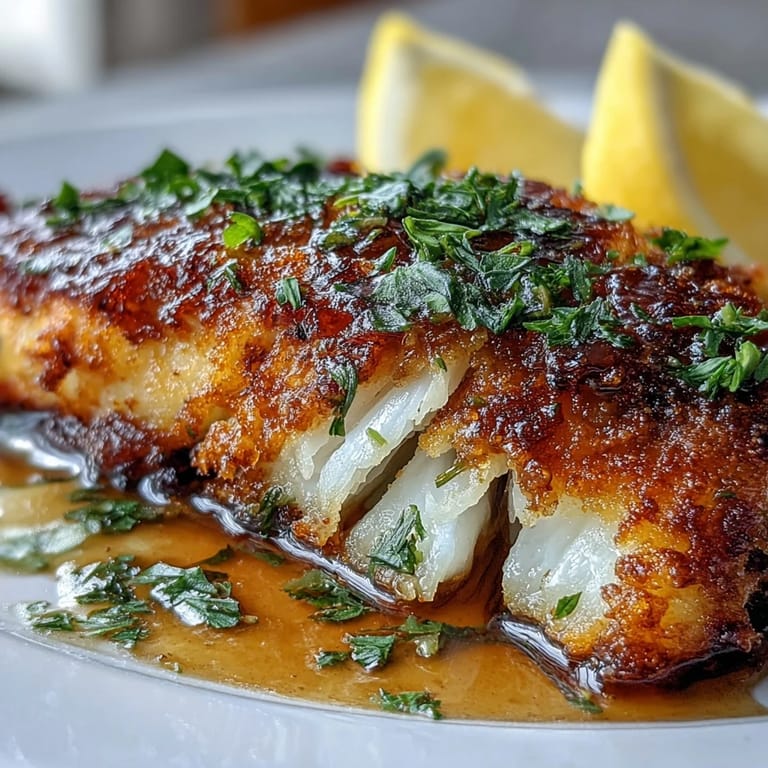 Delicate flounder meunière fillets cooked to perfection in a sizzling skillet with nutty browned butter.