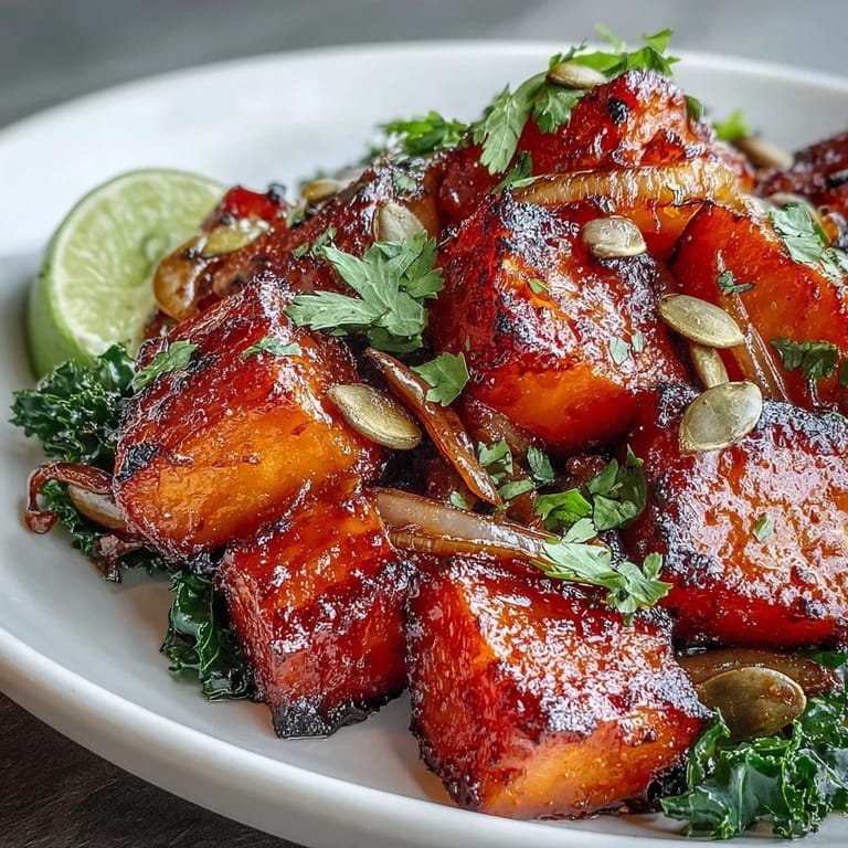 A close-up of creamy roasted red kuri squash served over wilted kale and quinoa, garnished with pepitas and a fresh lime wedge.  