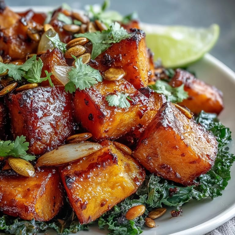 Sizzling red kuri squash and onions caramelized with warm spices, served in a rustic bowl ready for a flavorful vegetarian meal.