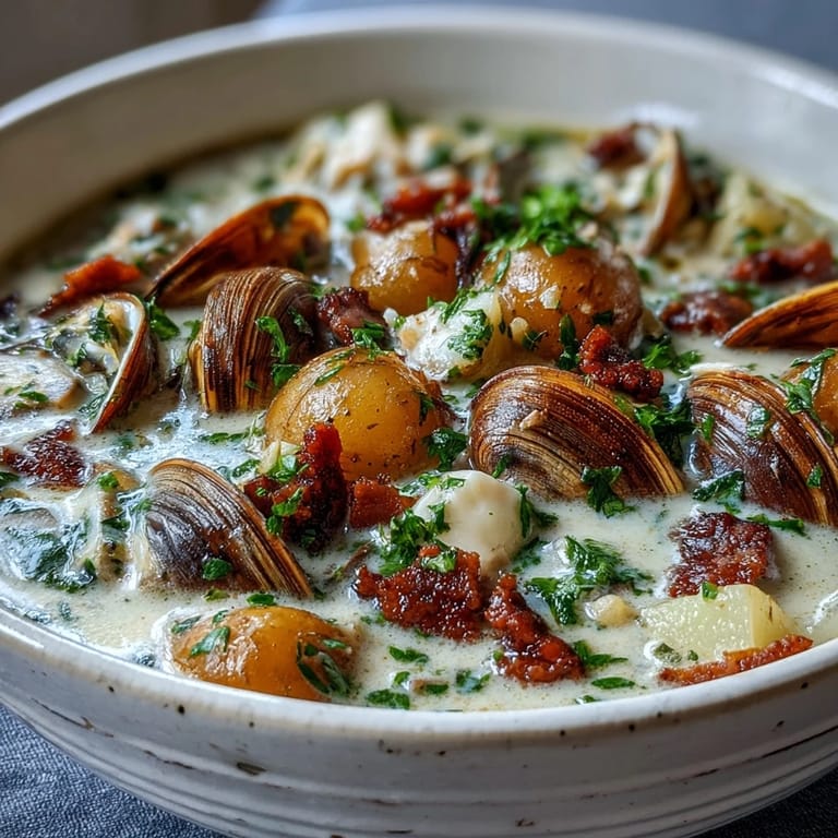 Hearty New England clam chowder served hot with oyster crackers, steam rising from the rich, creamy broth.  