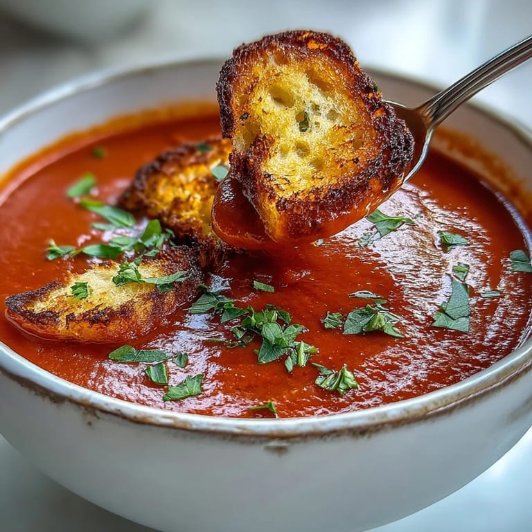 Velvety roasted red pepper soup with crispy croutons, served steaming hot for a comforting, easy Mediterranean lunch.