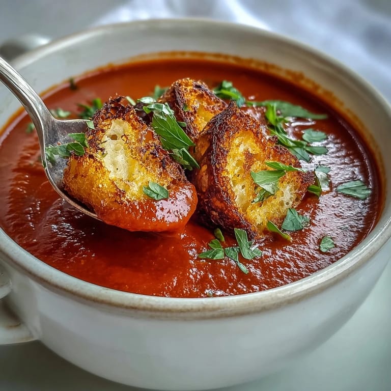 Roasted red pepper soup with crispy croutons, garnished with parsley and harissa, perfect for elegant dinner party starters.