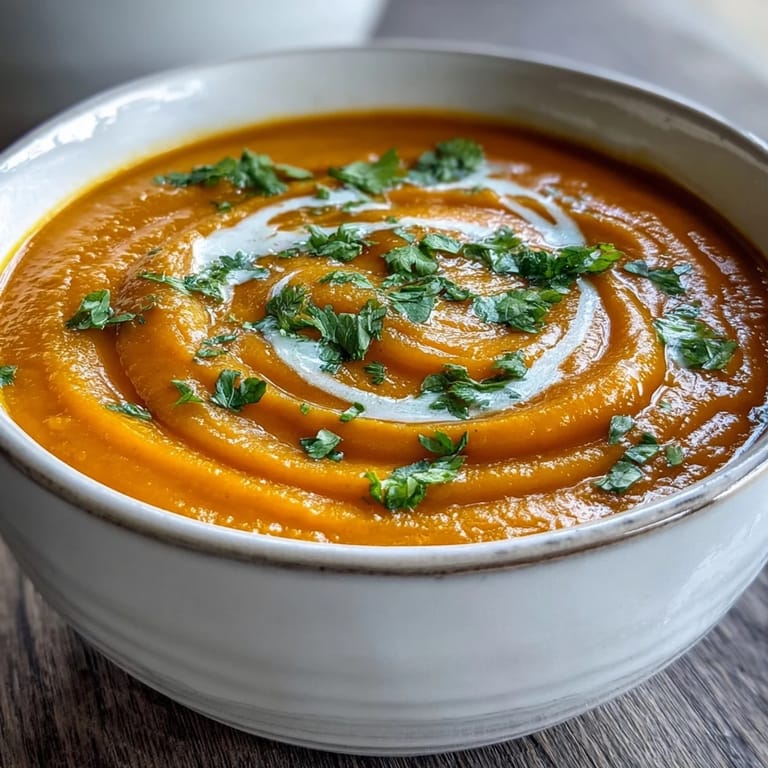 Close-up of creamy Carrot Ginger Soup served in a rustic bowl, highlighting its velvety texture and warm color. 