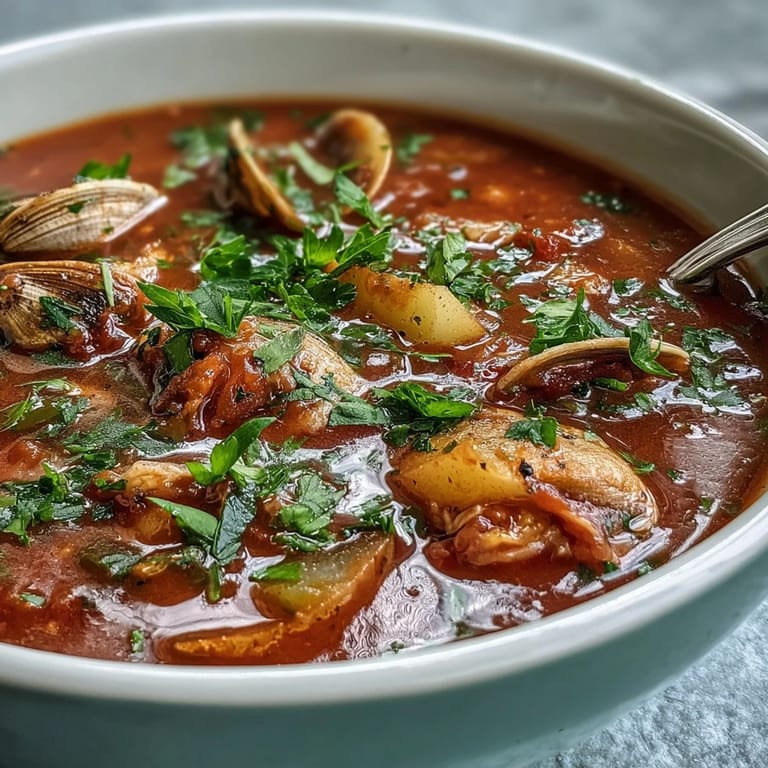 Steaming bowl of homemade Manhattan Clam Chowder featuring carrots, celery, and red potatoes simmered in a tomato-based seafood broth.