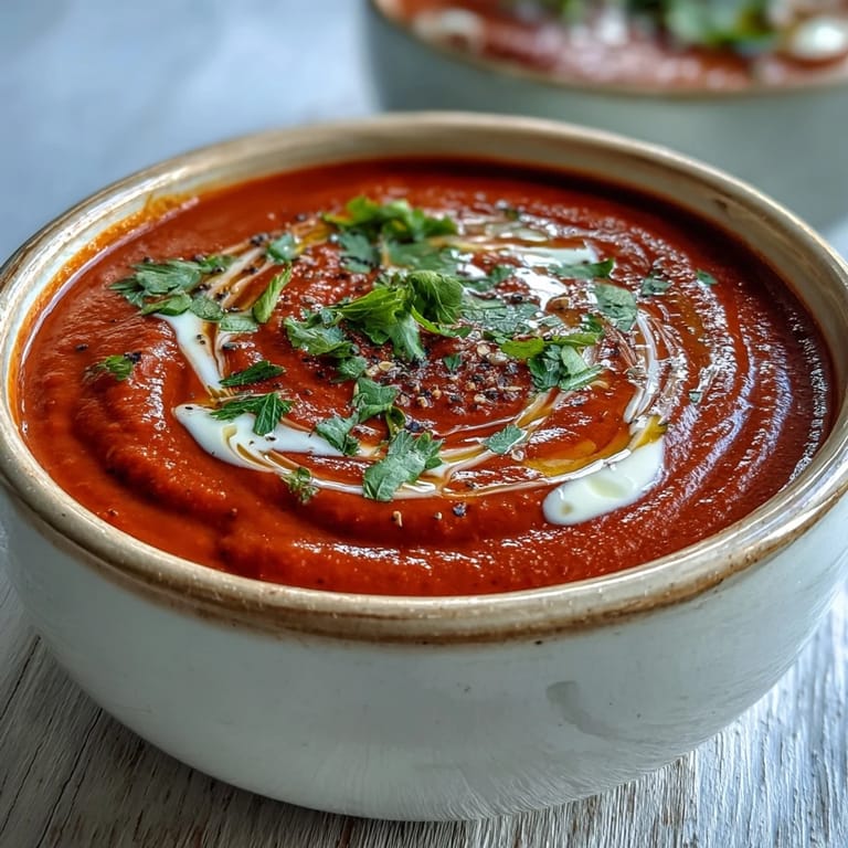 Hearty roasted red pepper soup served with crusty bread for dipping in the vibrant broth.  