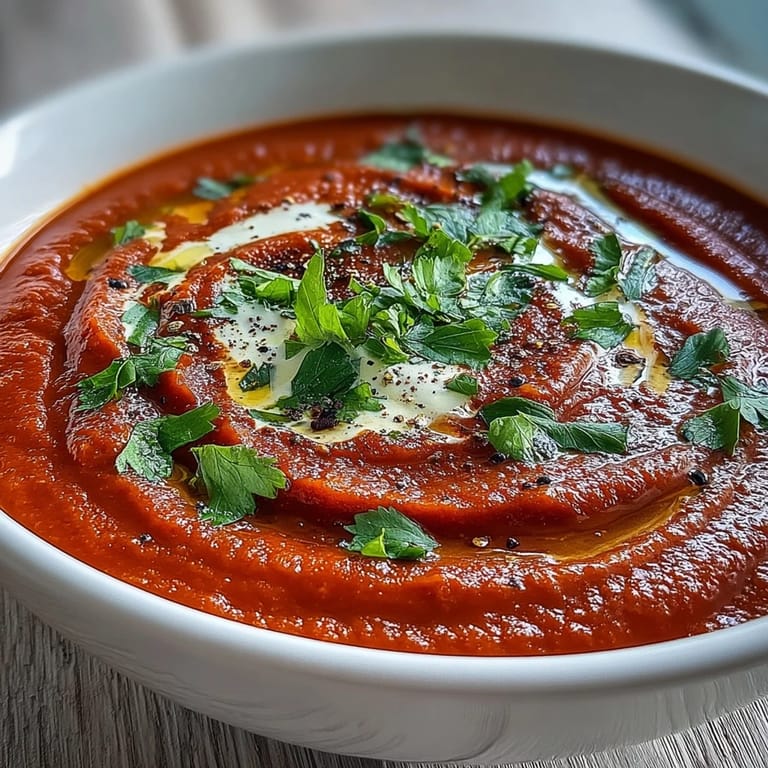 A bowl of smooth roasted red pepper soup garnished with fresh herbs and a drizzle of oil.