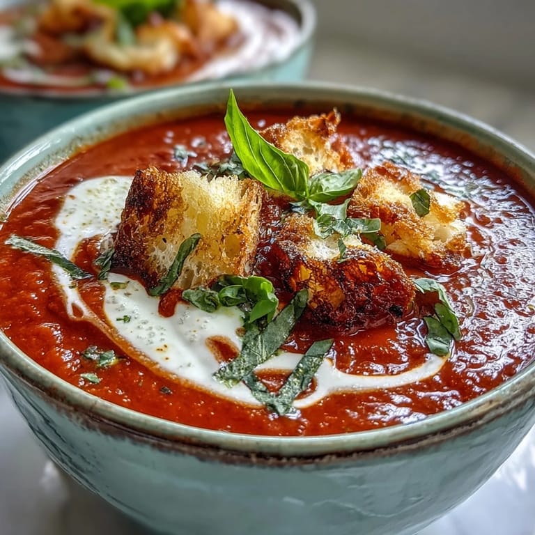 A smooth, velvety Creamy Roasted Tomato Soup swirled with cream and piled with crunchy homemade croutons.  