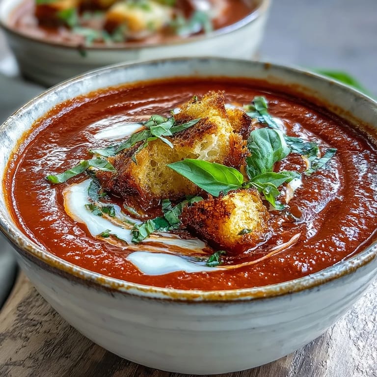 Homemade croutons crown a vibrant, creamy bowl of Creamy Roasted Tomato Soup beside fresh basil.