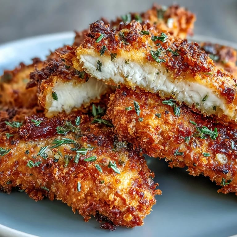 Golden brown Air Fryer Chicken Strips served hot with sweet potato fries on a wooden board.