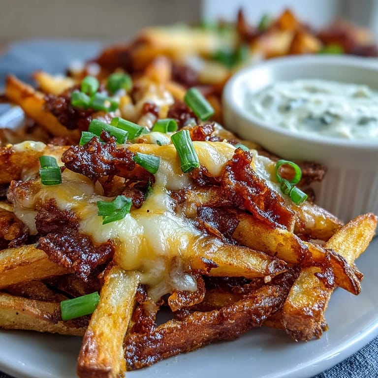 A close-up of crunchy Cheesy BBQ Fries with creamy ranch dip for dipping alongside.