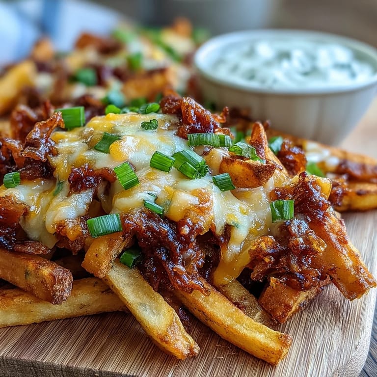 Sizzling hot Cheesy BBQ Fries served on a white plate with a side of homemade ranch.