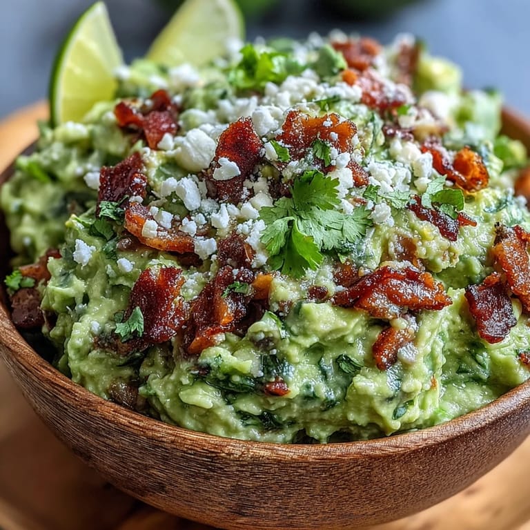 Bright avocado and Cotija cheese top this Bacon Guacamole, finished with lime wedges and bacon bits.