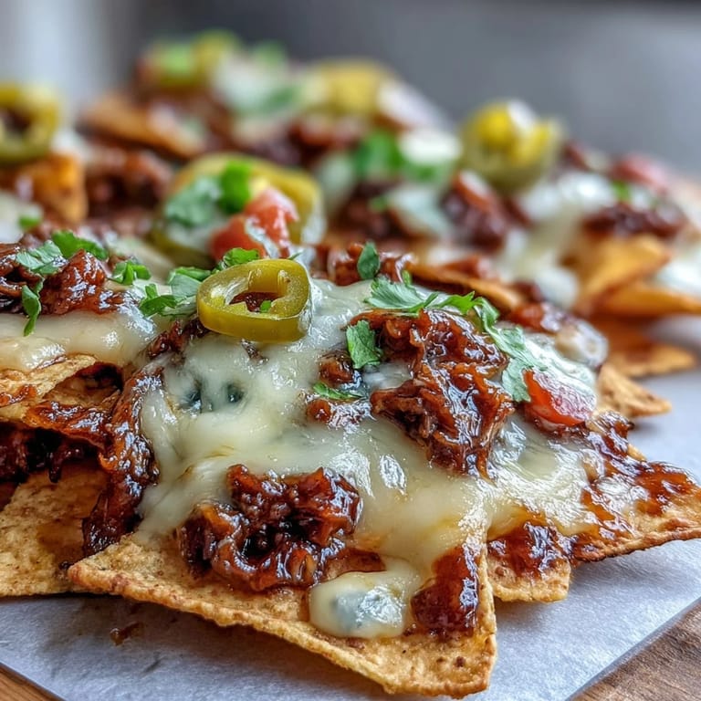 Fresh diced tomatoes, red onion, sour cream, and avocado garnish these irresistible homemade BBQ Beef Nachos.