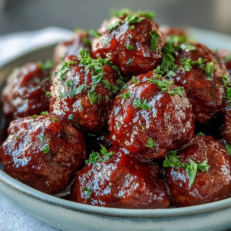Platter of Grape Jelly and Chili Sauce Meatballs coated in a glossy, sweet-and-savory glaze, paired with toothpicks for easy party snacking.