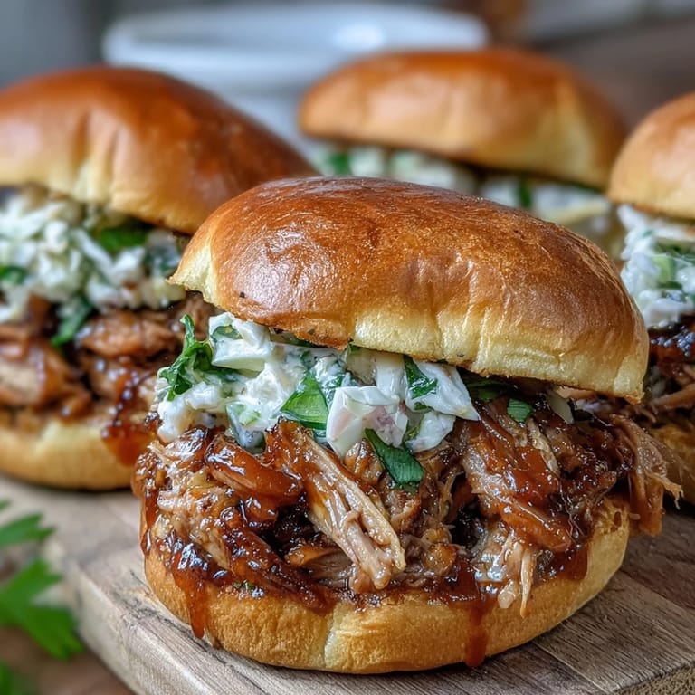 Golden brown Applesauce Pulled Pork Sandwiches stuffed with juicy shredded pork and drizzled with extra sauce.