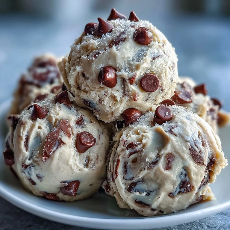 A marble slab displays scoops of Greek Yogurt Cookie Dough with a rustic wooden scoop for serving.