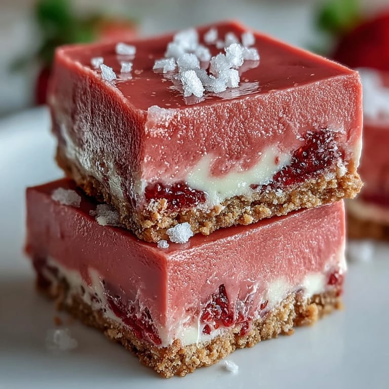 Perfectly set No-Bake Strawberry Fudge Squares are sliced and served chilled, topped with fresh strawberry slices for a sweet-tart garnish.