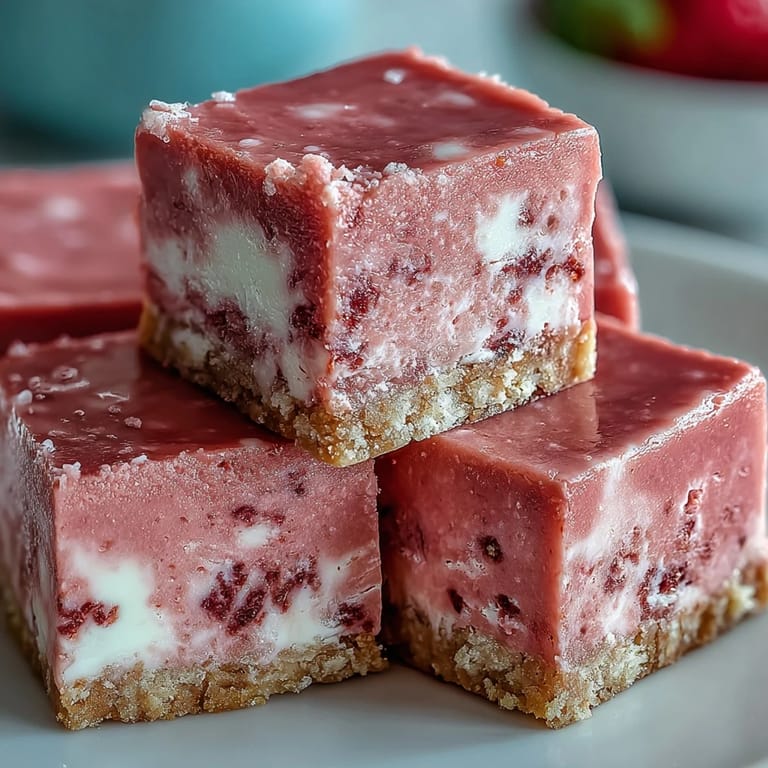 A close-up of No-Bake Strawberry Fudge Squares shows creamy white chocolate and pink fudge layered over a crunchy graham cracker crust.