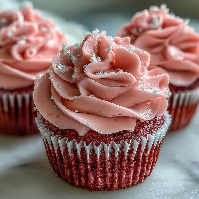 Close-up of a pink velvet cupcake with vanilla buttercream frosting, showing its moist crumb and decorative sprinkles.