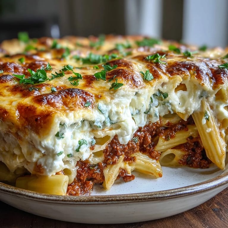Freshly baked Cottage Cheese Protein Pasta Bake with Ground Beef in a dish, steam rising from the cheesy top.