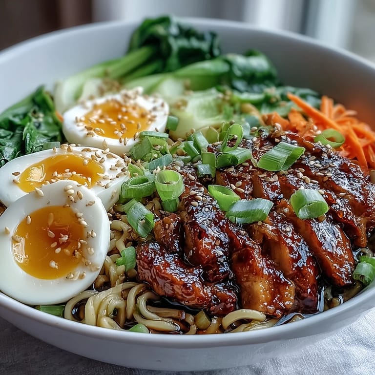 A ready-to-eat Healthy Miso Chicken Noodle Bowls dish sits on a table, garnished with scallions and cilantro, perfect for a cozy weeknight dinner.