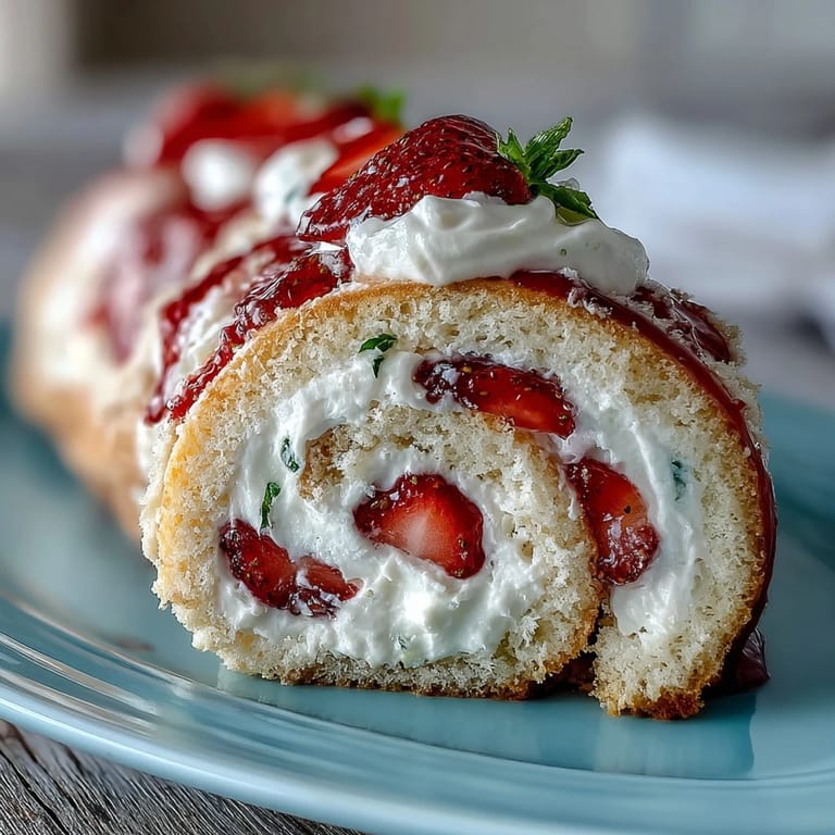 Sliced Strawberry Shortcake Sushi Roll piece on a plate, drizzled with white chocolate and garnished with mint.